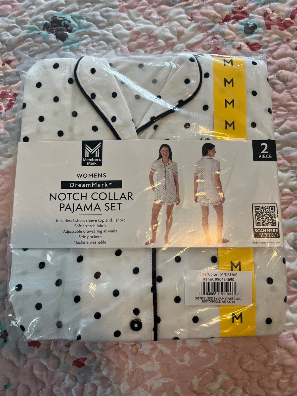 DreamMark Notch Collar Polka Dot Pajama Set - Cream/Black -